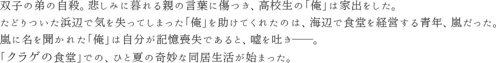 双子の弟の自殺。悲しみに暮れる親の言葉に傷つき、高校生の「俺」は家出をした。たどりついた浜辺で気を失ってしまった「俺」を助けてくれたのは、海辺で食堂を経営する青年、嵐だった。嵐に名を聞かれた「俺」は自分が記憶喪失であると、嘘を吐き――。
「クラゲの食堂」での、ひと夏の奇妙な同居生活が始まった。